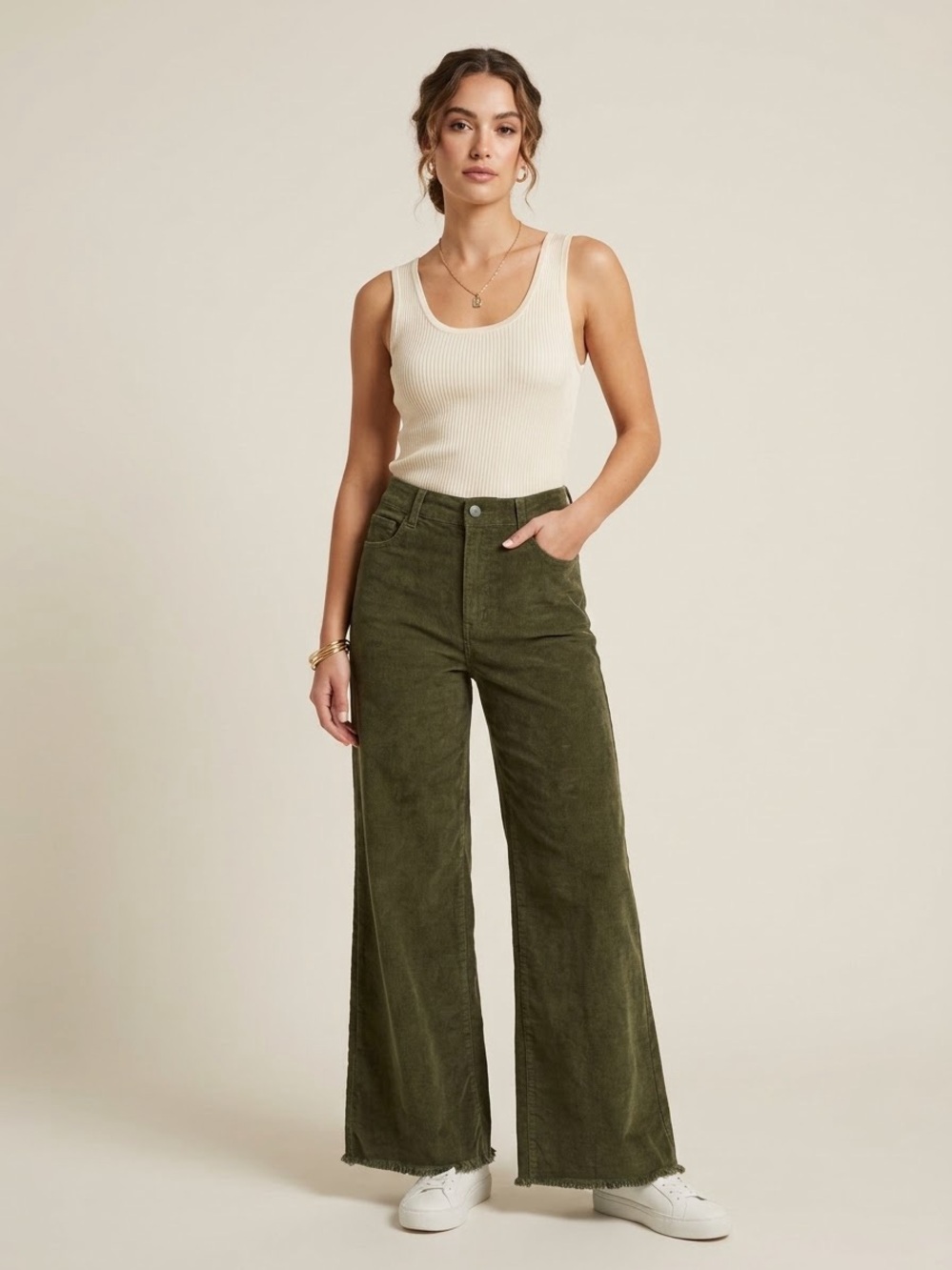 Entro Olive Green Corduroy Wide Leg Crop Pants Frayed Raw Hem Size Medium
